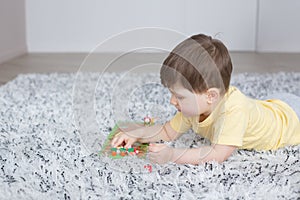 Little smiling boy lies on a fluffy carpet and plays with wooden carrots and rabbits on a playing field