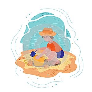 Little smiling boy playing with a bucket and shovel sitting in the sand near the water
