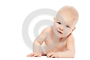 Little smiling crawling baby on white