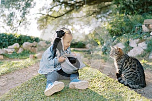 Little smiling girl sits with a hat with kittens on the green grass near the cat