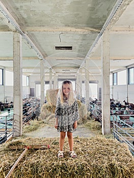 Little smiling girl stands on a haystack next to goat pens