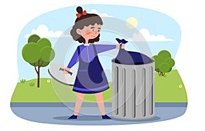 Little smiling girl is taking out the trash
