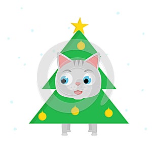 Little smiling kitten dress up christmas suit. Happy cat and christmas tree. Vector cartoon flat illustration for xmas, New Year