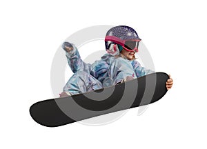 Little snowboarder girl isolated