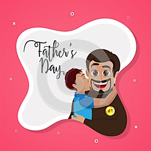 Little son kissing his father, Father`s Day text on pink backgro