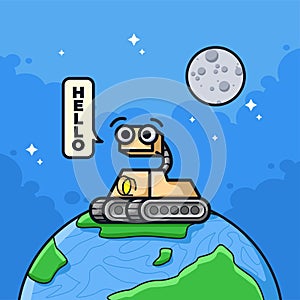 Little Space Robot Explorer saying hello in cute line art illustration style