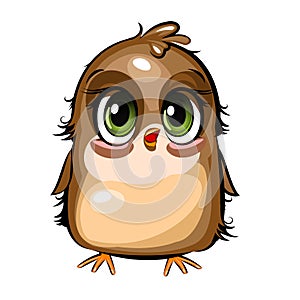 Little sparrow. Funny chick. Cute and funny baby bird. The isolated object on a white background. Illustration. Cartoon