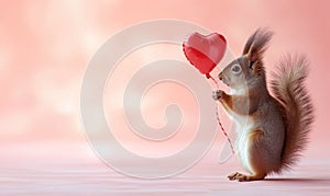 Little squirrel in profile holding heart shaped balloon, on festive pink background.