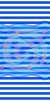 Little starfish and transparent cerulean waves against seamless blue and white stripes. Beach towel, print for bed linen