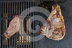 Little steaks versus big Beef steak on the grill concept lage small like european american food eating photo