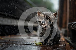 Little stray abandoned kitten, hungry, shivering and wet, sitting alone in cold rain. Generative AI