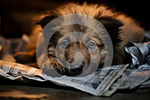 A little stray puppy is lying on a newspaper