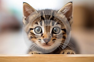 A little striped curious kitten is looking at the camera.Generative AI