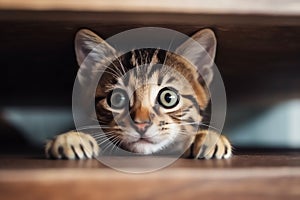 A little striped curious kitten is looking at the camera.Generative AI