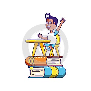 little student boy sitting in school desk with stack books