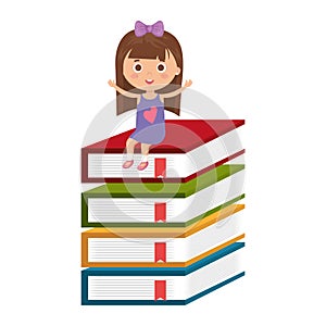 Little student girl with pile books character