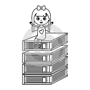 Little student girl with pile books character