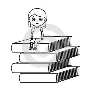 Little student girl with pile books character