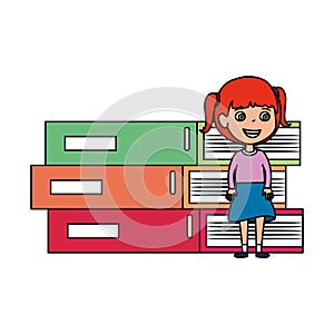 Little student girl with pile books character