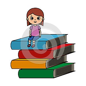 little student girl with pile books character