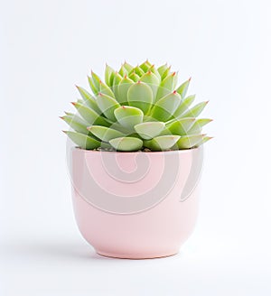 A little succulent in a pink pot on a white background