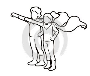 Little Super Hero Boy and Girl standing together with costume cartoon graphic