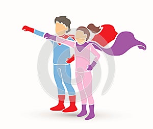 Little Super Hero Boy and Girl standing together with costume cartoon graphic