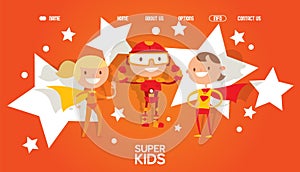Little superhero character, kid male and female personage, fly, superpowers, star, flat vector illustration. Website photo