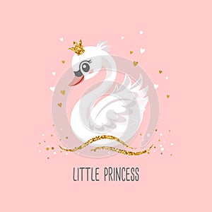 Little swan princess with a golden crown on a pink background. Cute illustration for fashion print, greeting cards