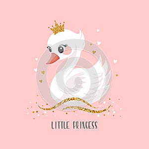 Little swan princess with a golden crown on a pink background. Cute illustration for fashion print, greeting cards