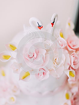 The little swans decorate the white wedding cake with pink flowers.