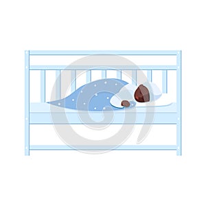 A little sweet African baby sleeps in his crib under a blanket. Icon. Flat style illustration on a white background