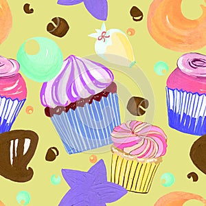 Little sweet delicious Buttercream cupcakes sprinkle and chocolate element set watercolor gouache doodle art hand drawn