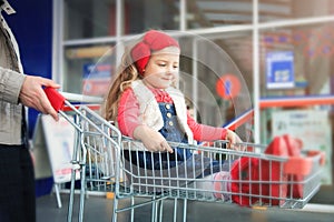 A little sweet girl is sitting in a supermarket shopping cart.