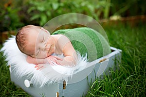Little sweet newborn baby boy, sleeping in crate with wrap and h