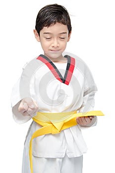 Little tae kwon do boy martial art yellow belt