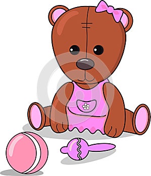 Little Teddy bear with beanbag , ball, Baby announcement metric for girl. card brown and pink color. nursery decor