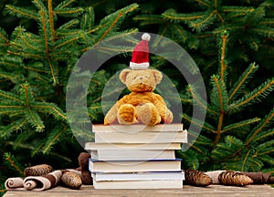 Little teddy bear toy in Santa Claus hat and books on wooden table with spruce branches on background