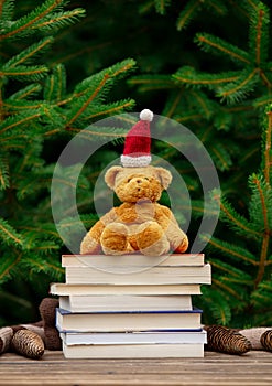 Little teddy bear toy in Santa Claus hat and books on wooden table with spruce branches on background