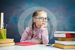 Little Thoughtful Caucasian Student Girl Study