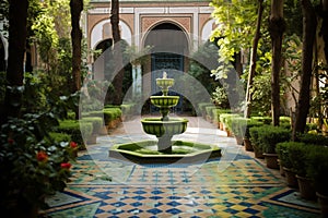 A little tiered fountain in an old elegant and classic villa landscaped yard.