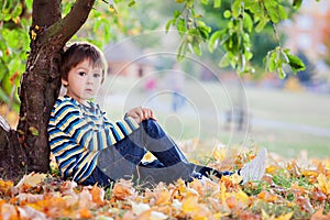 Little toddler boy, eating apple in the afternoon