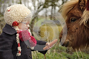 Little toddler feeding a pony