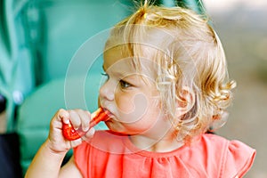 Little toddler girl eating red pepper and vegetables for healthy lunch snack sitting in baby stroller. happy child and