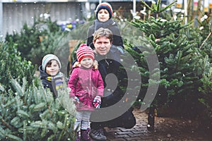 Little toddler girl, two kids boys and father holding Christmas tree on market. Happy family, cute children and middle