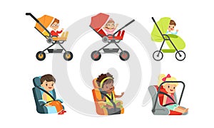 Little Toddlers Sitting in Baby Carriage or Pram Vector Set