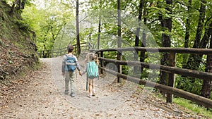 Little tourists boy and girl holding hands go to family camping along a gravel forest road in the Alps mountains. Children with