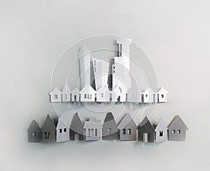 Little town houses in row. Property and house buying concept. Paper cut design background.