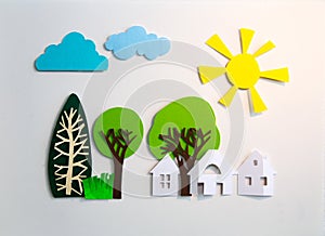 Little town houses in row. Property and house buying concept. Paper cut design background. Paper cut design background.