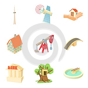 Little town icons set, cartoon style